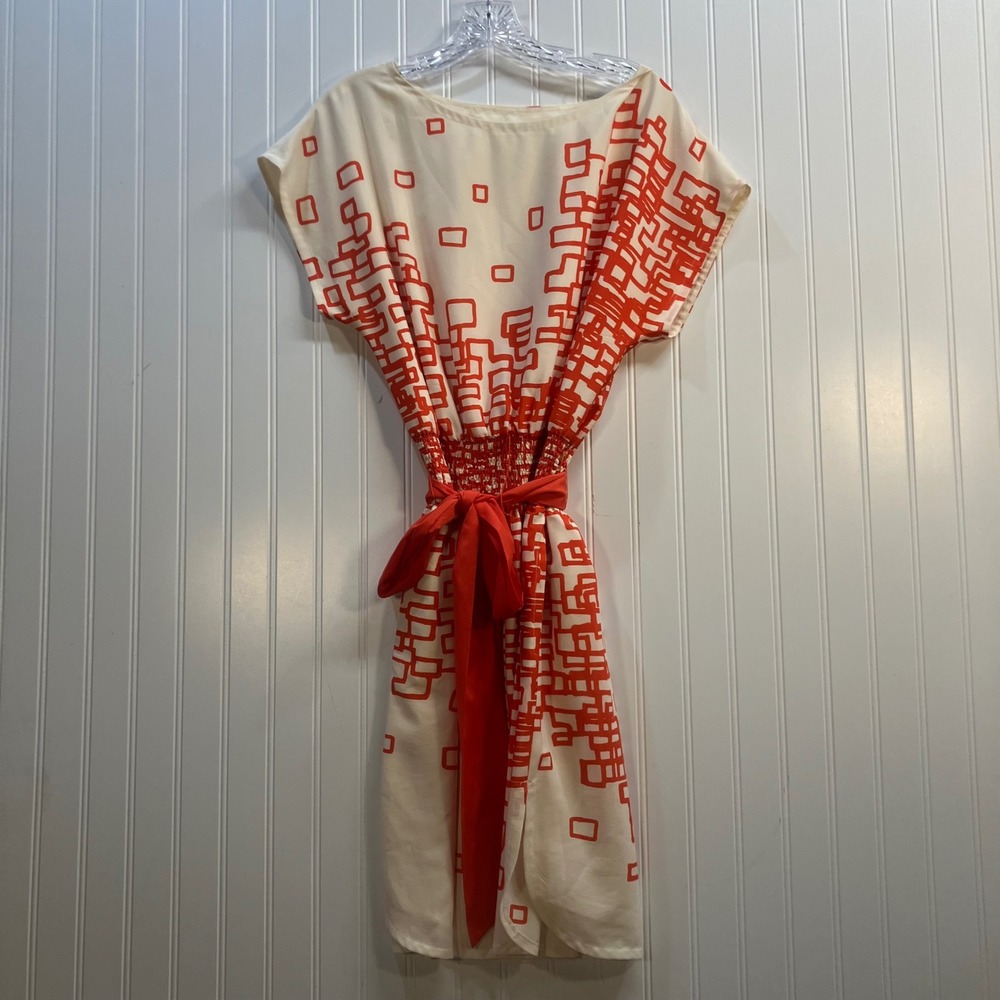 Eliza J Orange Cream Geometric Square Print Smocked Waist Sash Tulip Dress 8 Mod